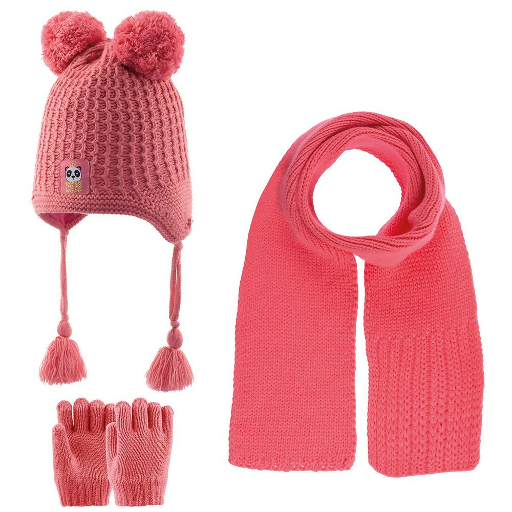 Toddler Knitted Winter Beanie 3 Piece Set With Earflaps For Girls
