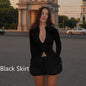 Slim Suits V-neck ZIpper Long-sleeved Top And Mini Skirt Ins Fashion