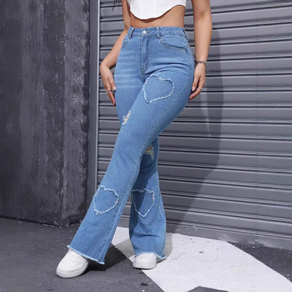 Casual Heart-shaped Ripped Stretch Flared Jeans