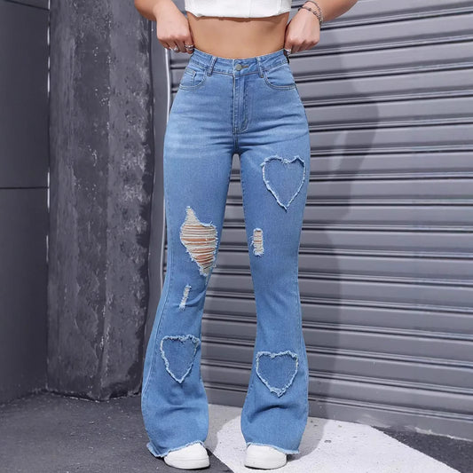Casual Heart-shaped Ripped Stretch Flared Jeans