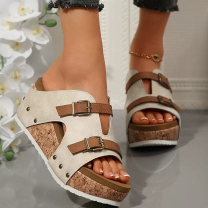 Ins Buckle Wedges Sandals Summer Fish Mouth Thick High Heel Slides