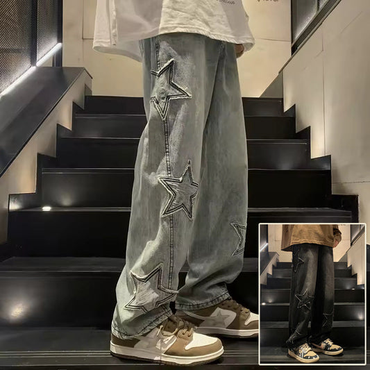 Star Embroidery Straight Casual Men Jeans Gothic Neutral New Wide Leg