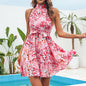 New Flowers Print Halterneck Dress Summer Fashion Temperament Lace-up