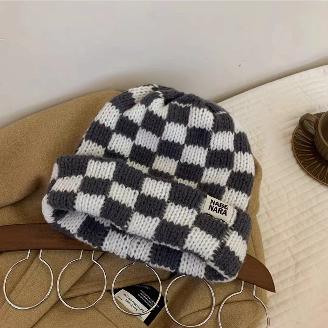 Chessboard Plaid Knitted Hat Women's