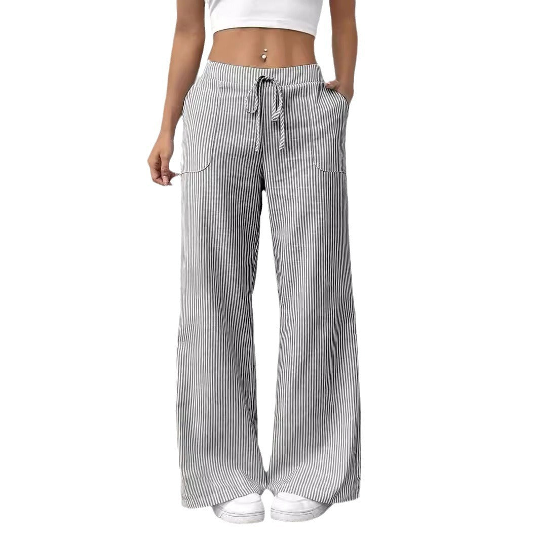 New Striped Trousers With Pockets Casual Versatile Loose Wide Leg