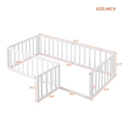 Twin Size Wood Floor Bed Frame with Fence and Door, White(OLD SKU