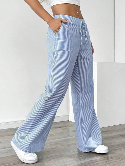 New Striped Trousers With Pockets Casual Versatile Loose Wide Leg