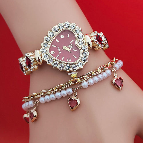Fashion Love Shape Bracelet Watch Set Diamond Colored Heart Quartz