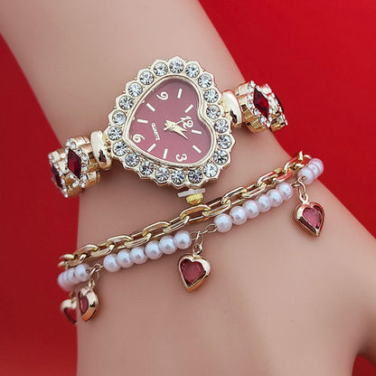 Fashion Love Shape Bracelet Watch Set Diamond Colored Heart Quartz