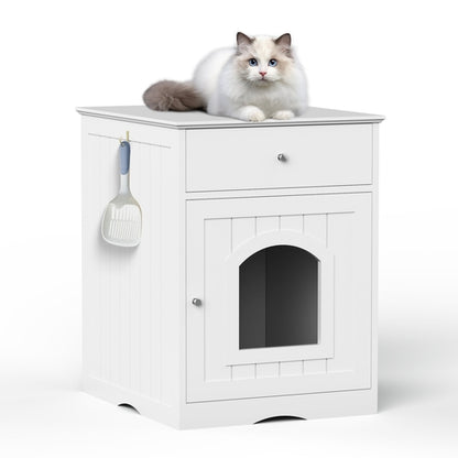 Wooden Pet House Cat Litter Box Enclosure with Drawer, Side Table,