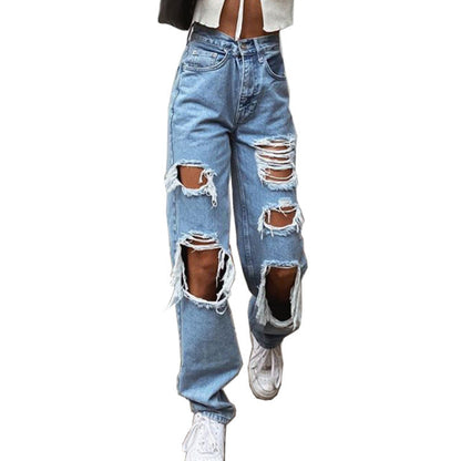 Women's American Retro Hole-punched Jeans Women High Waist