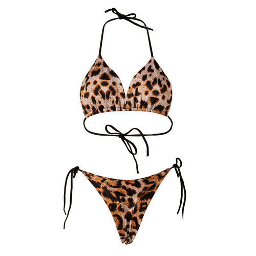 Solid Color Lace-up Bikini Three-point T-back Swimsuit Suit With Chest