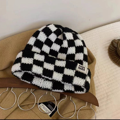 Chessboard Plaid Knitted Hat Women's