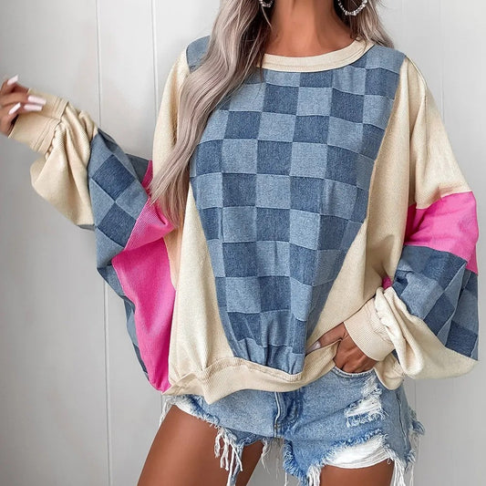 Oversized Checkered Denim Casual Sweatshirt