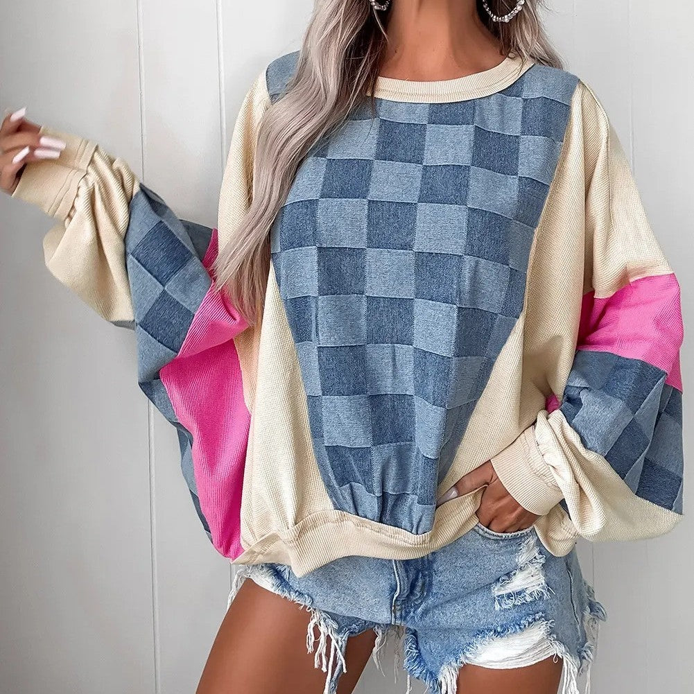 Oversized Checkered Denim Casual Sweatshirt