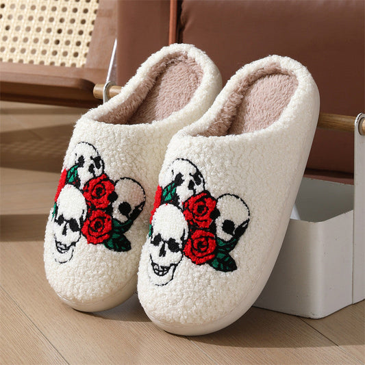 Halloween Skull Rose Slippers Winter Warm Indoor Floor Bedroom Home