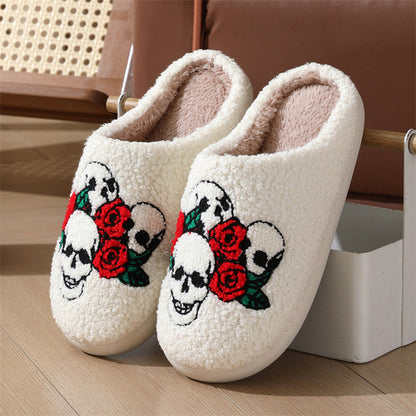 Halloween Skull Rose Slippers Winter Warm Indoor Floor Bedroom Home