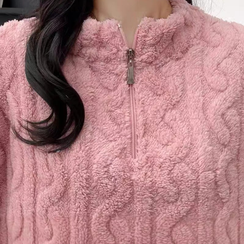Autumn And Winter New Twist Zipper Couple Fleece-lined Thick Coral