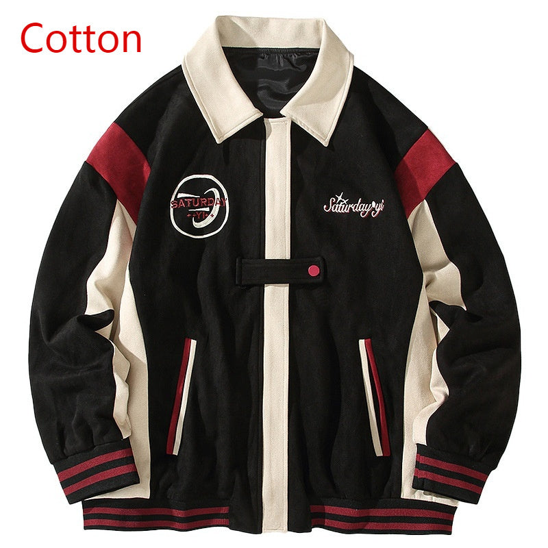 American Retro Color Block Embroidery Turn-down Collar Coat