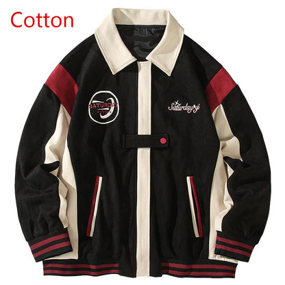 American Retro Color Block Embroidery Turn-down Collar Coat