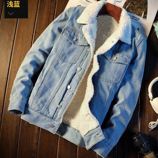 Winter Fleece-lined Denim Coat For Men