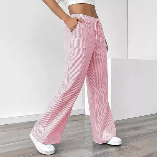 New Striped Trousers With Pockets Casual Versatile Loose Wide Leg