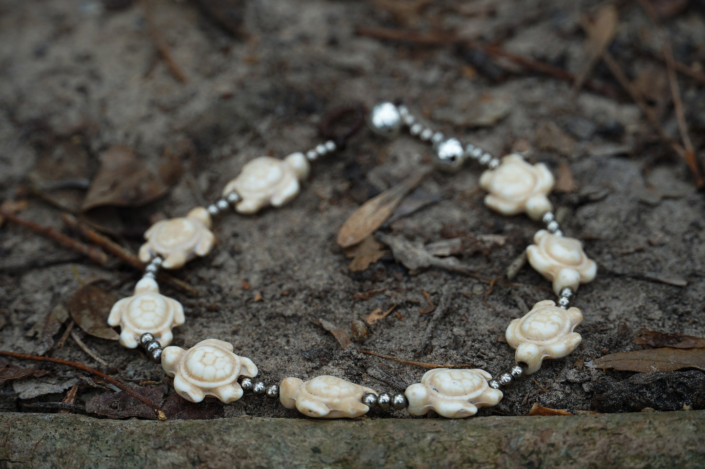 White Turtle Boho Silver Anklet