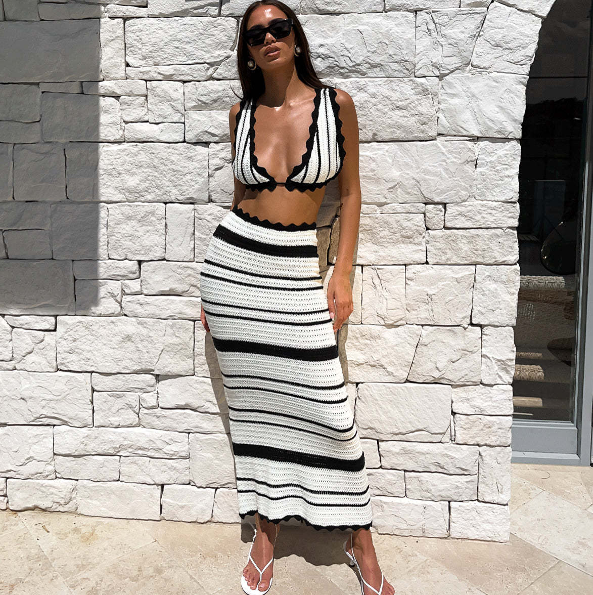 2pcs Striped Bikini Casual Vest Sling Top Suit Beach Summer Y2K Long