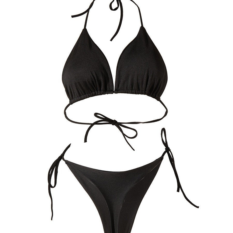 Solid Color Lace-up Bikini Three-point T-back Swimsuit Suit With Chest