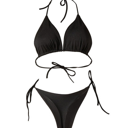 Solid Color Lace-up Bikini Three-point T-back Swimsuit Suit With Chest