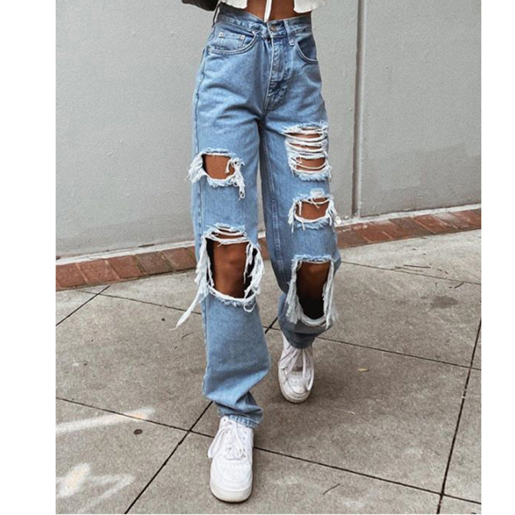 Women's American Retro Hole-punched Jeans Women High Waist