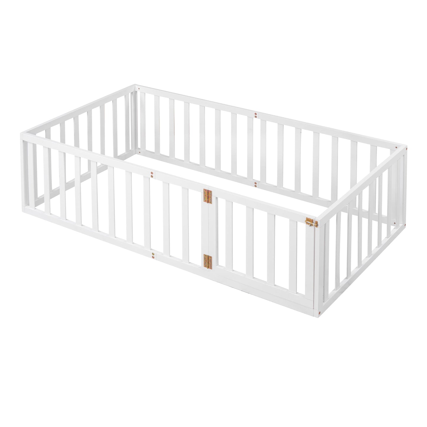 Twin Size Wood Floor Bed Frame with Fence and Door, White(OLD SKU