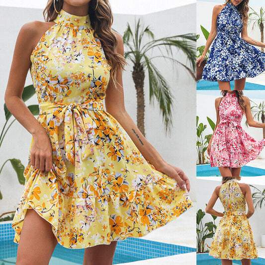 New Flowers Print Halterneck Dress Summer Fashion Temperament Lace-up