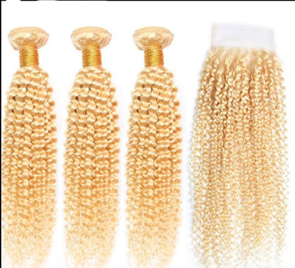Blonde Kinky Curly #1B/613 Human Hair BUNDLES with CLOSURES & FRONTALS