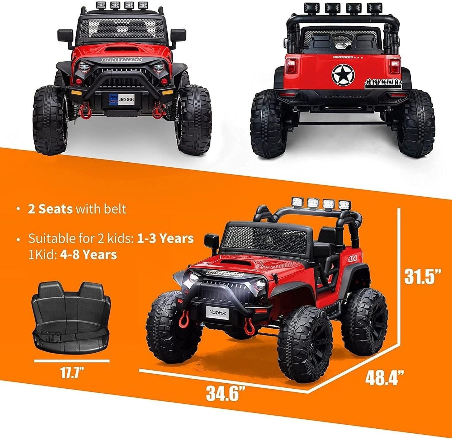 Red 48.4" Large Ride On Car for Kids, Battery Powered Electric Car