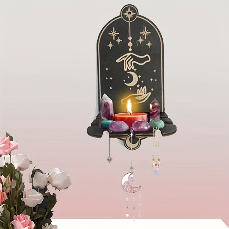 1pc Rustic Wooden Bat Crystal Floating Shelf - Wall Hanging Decorative