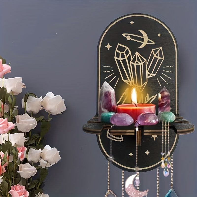1pc Rustic Wooden Bat Crystal Floating Shelf - Wall Hanging Decorative