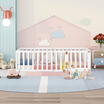 Twin Size Wood Floor Bed Frame with Fence and Door, White(OLD SKU