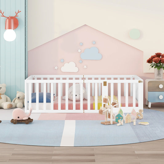 Twin Size Wood Floor Bed Frame with Fence and Door, White(OLD SKU