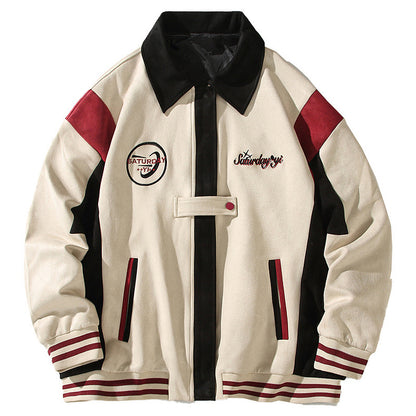 American Retro Color Block Embroidery Turn-down Collar Coat