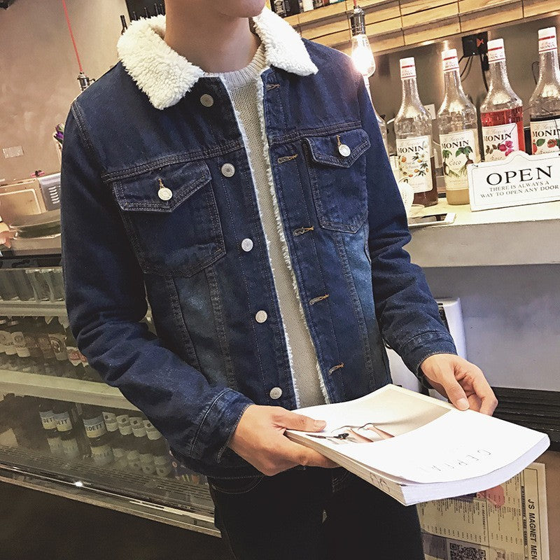 Winter Fleece-lined Denim Coat For Men