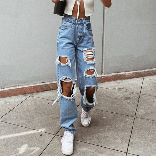 Women's American Retro Hole-punched Jeans Women High Waist