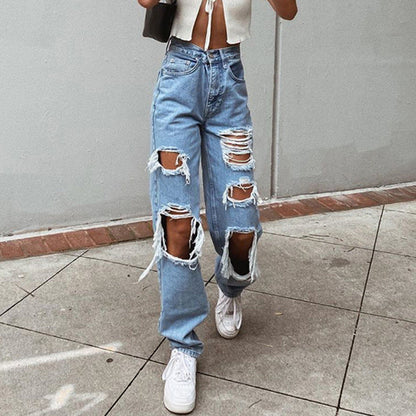 Women's American Retro Hole-punched Jeans Women High Waist