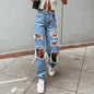 Women's American Retro Hole-punched Jeans Women High Waist