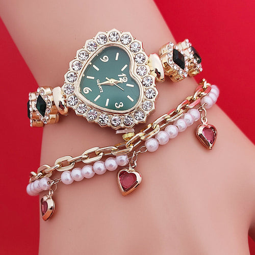 Fashion Love Shape Bracelet Watch Set Diamond Colored Heart Quartz
