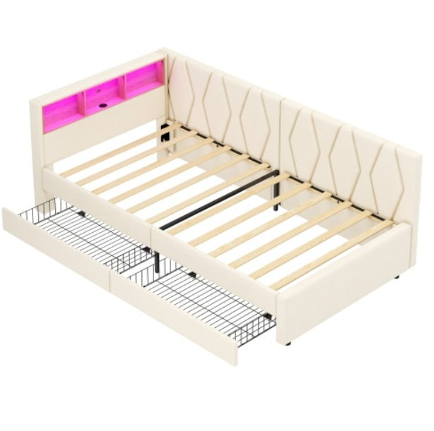 3ft Single Daybed With Two Storage Drawers, LED Modern Bed Frame With Charging Station