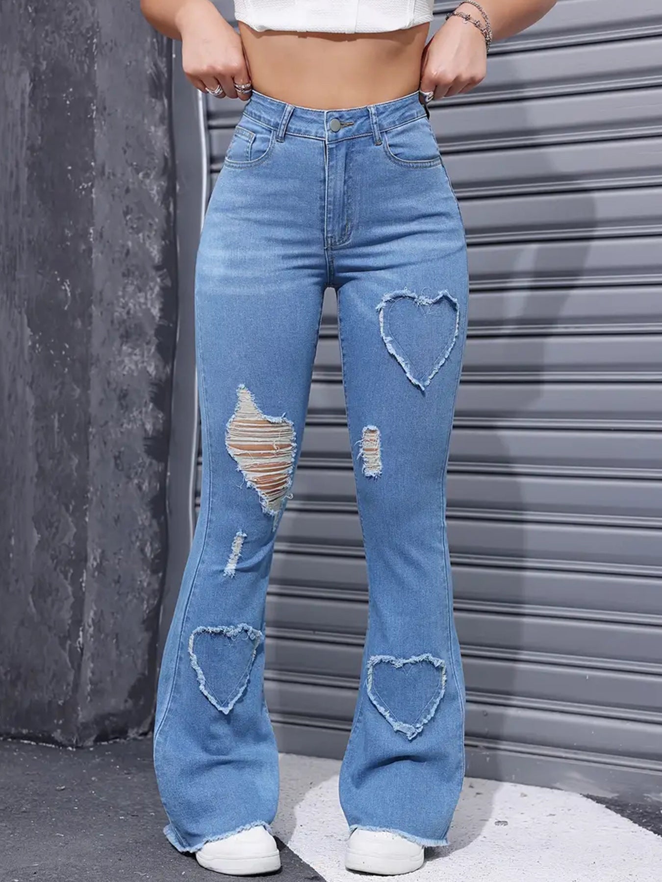 Casual Heart-shaped Ripped Stretch Flared Jeans