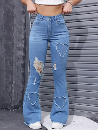 Casual Heart-shaped Ripped Stretch Flared Jeans