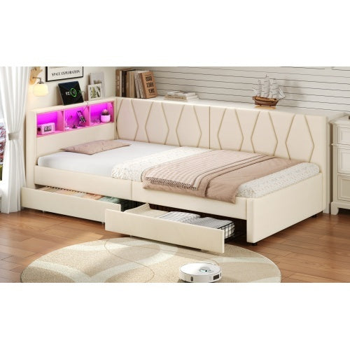 3ft Single Daybed With Two Storage Drawers, LED Modern Bed Frame With Charging Station