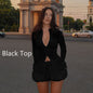 Slim Suits V-neck ZIpper Long-sleeved Top And Mini Skirt Ins Fashion